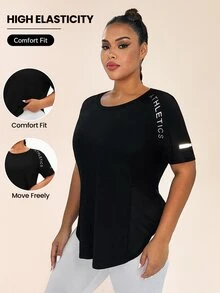 SHEIN Rhythm Era Plus Size Letter Print Short Sleeve Sports T-Shirt Gym Women Shirts Gym Active Black Summer - Black - View 1
