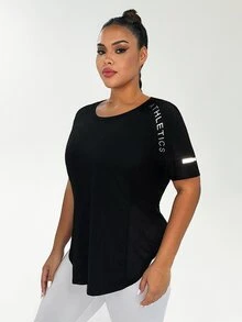 SHEIN Rhythm Era Plus Size Letter Print Short Sleeve Sports T-Shirt Gym Women Shirts Gym Active Black Summer - Black - View 6