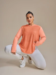 SHEIN Rhythm Era 大码拇指孔三角形提花图案长袖瑜伽运动衫 - 珊瑚橙 - 查看 5