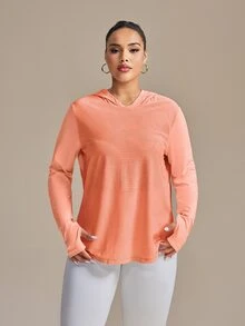 SHEIN Rhythm Era 大码拇指孔三角形提花图案长袖瑜伽运动衫 - 珊瑚橙 - 查看 4