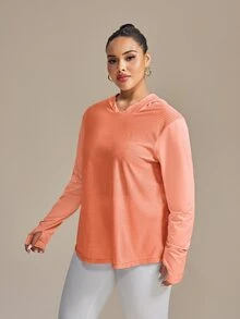 SHEIN Rhythm Era 大码拇指孔三角形提花图案长袖瑜伽运动衫 - 珊瑚橙 - 查看 7