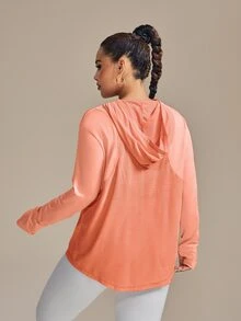SHEIN Rhythm Era 大码拇指孔三角形提花图案长袖瑜伽运动衫 - 珊瑚橙 - 查看 3