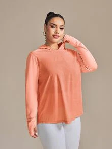 SHEIN Rhythm Era 大码拇指孔三角形提花图案长袖瑜伽运动衫 - 珊瑚橙 - 查看 6