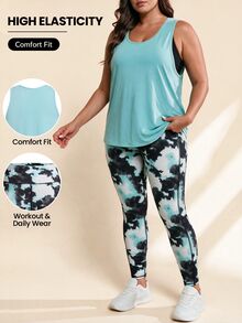 Rhythm Era Plus Size 3Pcs Tie Dye Contrast Panel Cut Out Back Sports Set Workout Clothes Workout Women Set - Blue - View 1