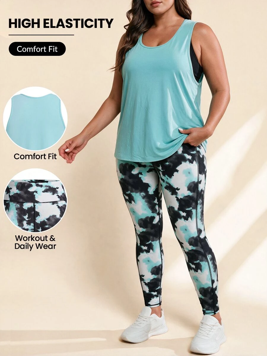 Rhythm Era Plus Size 3Pcs Tie Dye Contrast Panel Cut Out Back Sports Set Workout Clothes Workout Women Set - Blue - View 1