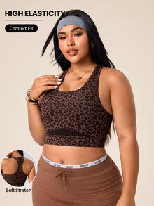 SHEIN Rhythm Era Women's Seamless Plus Size Sexy Athletic Brown Print Mesh Racerback Medium Support Running Fitness Workout Sports Bra Gym Summer Gym Sports Gym Gym - Coffee Brown - View 1
