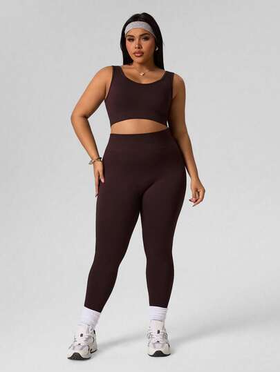 Rhythm Era Easithlete 2pcs Chocolate Brown Summer Gym Workout Women Set,Round Neck Sports Bra High Waist Leggings,Athletic Curve Plus Activewear Set Pilates