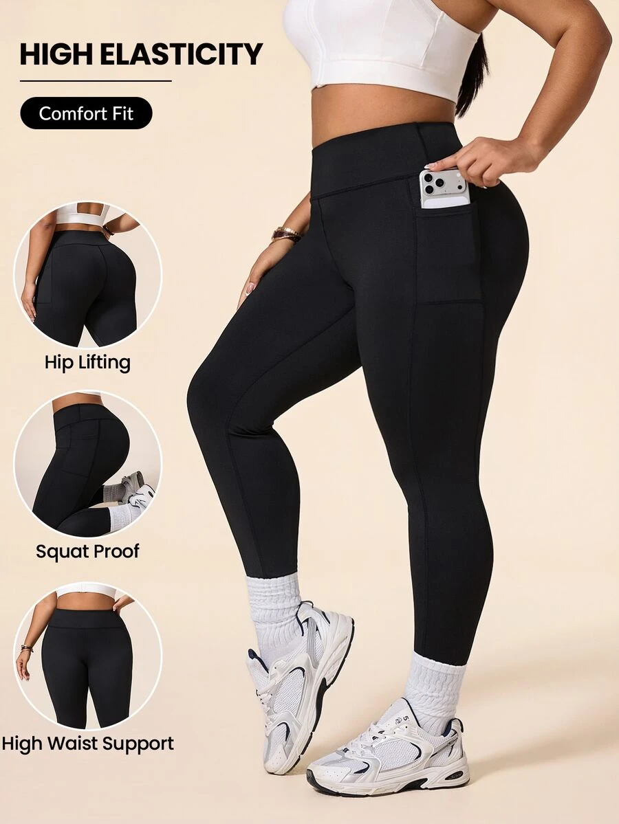 SHEIN Rhythm Era Casual Versatile Plus Size Black Line Design Slim Fit Flattering Sports Long Pants - Black - View 1