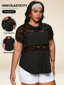 Rhythm Era Plus Size Flocked & Mesh Patchwork Short Sleeve Black Summer Athletic Curve Midsize Gym Sports T-Shirt Workout Tops Gym Activewear Tops - Black - View 2