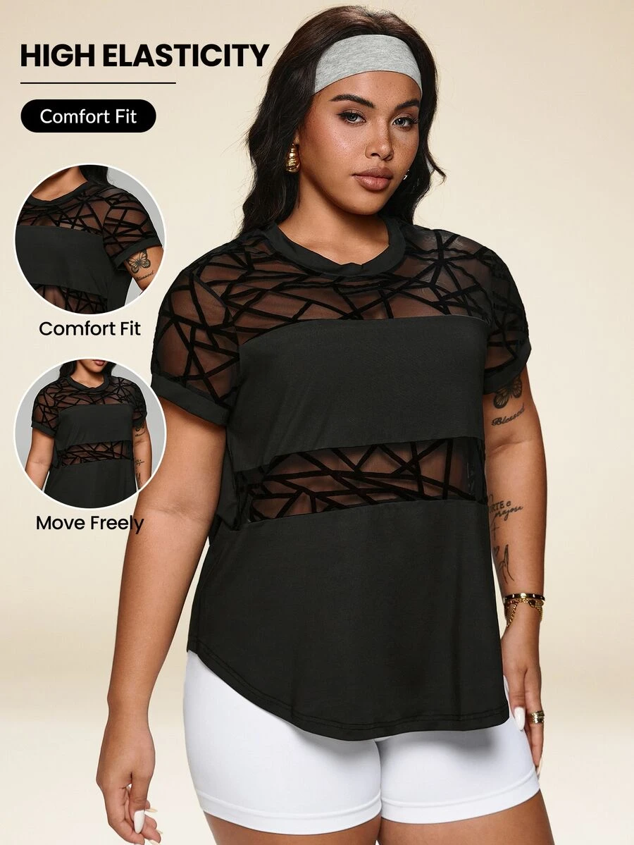 Rhythm Era Plus Size Flocked & Mesh Patchwork Short Sleeve Black Summer Athletic Curve Midsize Gym Sports T-Shirt Workout Tops Gym Activewear Tops