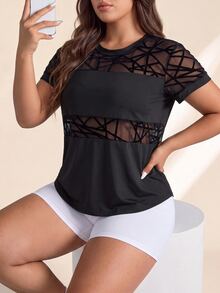 Rhythm Era Plus Size Flocked & Mesh Patchwork Short Sleeve Black Summer Athletic Curve Midsize Gym Sports T-Shirt Workout Tops Gym Activewear Tops - Black - View 4