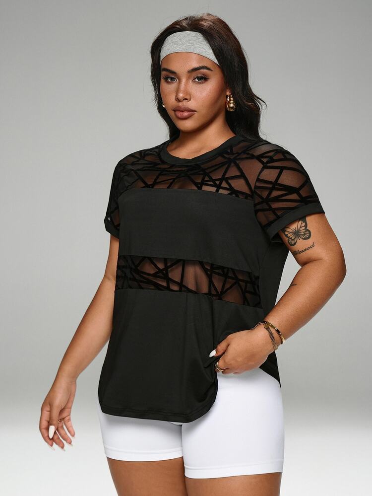 Rhythm Era Plus Size Flocked & Mesh Patchwork Short Sleeve Black Summer Athletic Curve Midsize Gym Sports T-Shirt Workout Tops Gym Activewear Tops - Black - View 4
