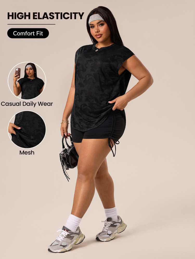 Rhythm Era Women's Plus Size Solid Color Round Neck Casual Versatile Daily Wear & Sports T-Shirt Plus Size Gym Clothes For Women - Black - View 1