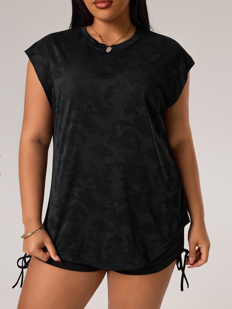 Rhythm Era Women's Plus Size Solid Color Round Neck Casual Versatile Daily Wear & Sports T-Shirt Plus Size Gym Clothes For Women - Black - View 3
