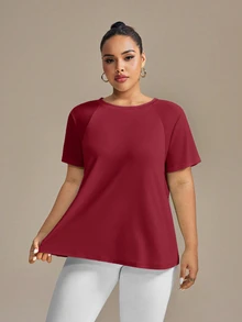 SHEIN Rhythm Era Plus Size Women's Round Neck Short Sleeve Casual Versatile Sports T-Shirt - Burgundy - View 6
