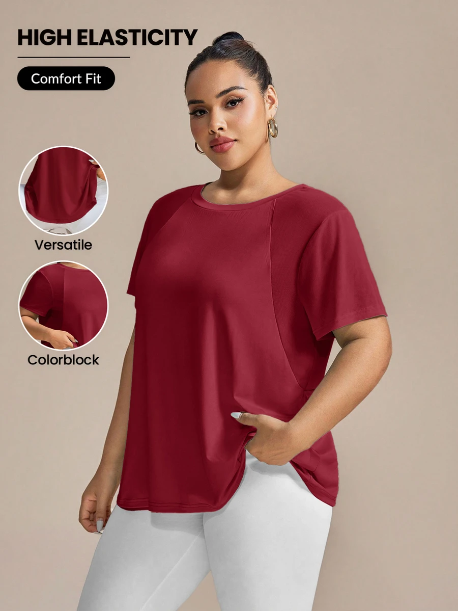 SHEIN Rhythm Era Plus Size Women's Round Neck Short Sleeve Casual Versatile Sports T-Shirt - Burgundy - View 1