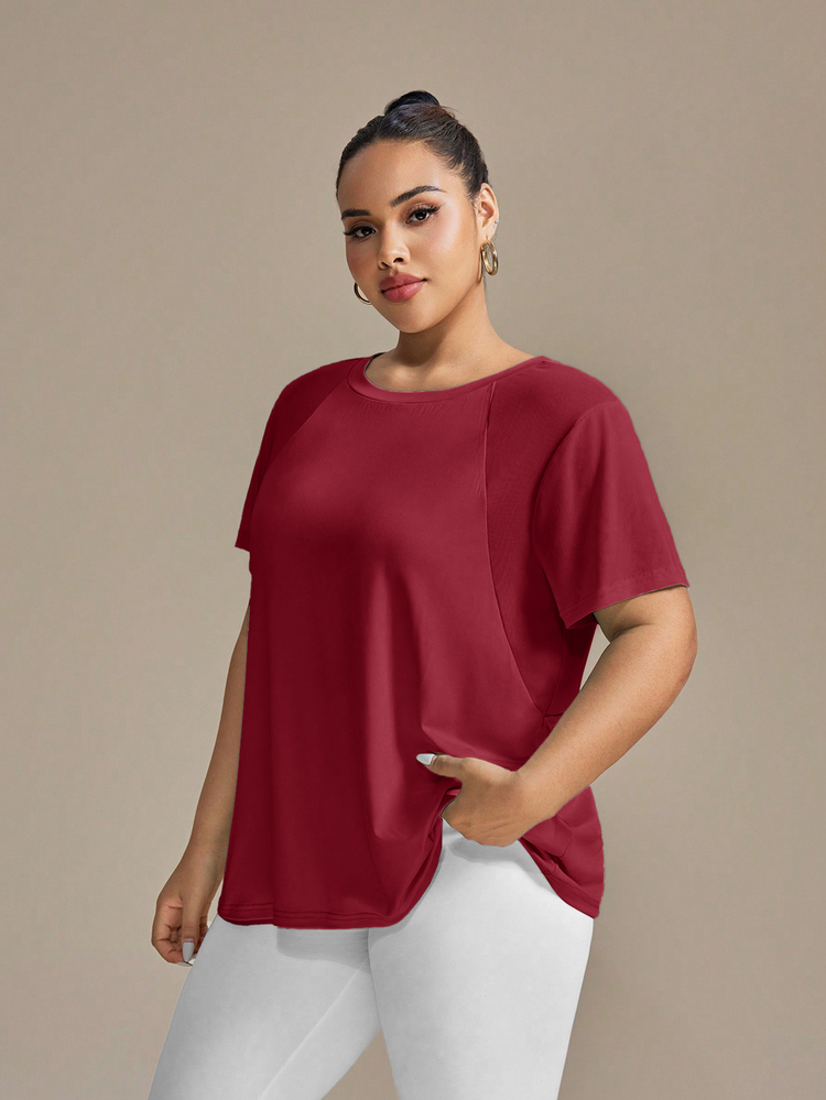 SHEIN Rhythm Era Plus Size Women's Round Neck Short Sleeve Casual Versatile Sports T-Shirt - Burgundy - View 5