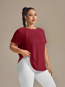 SHEIN Rhythm Era Plus Size Women's Round Neck Short Sleeve Casual Versatile Sports T-Shirt - Burgundy - View 3