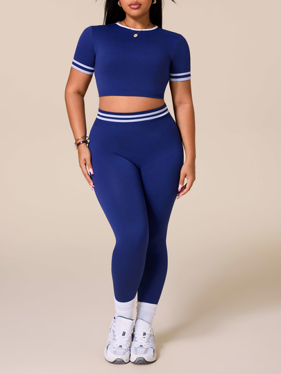 Rhythm Era Women's Plus Size Striped Short Sleeve Cropped T-Shirt And Leggings Sports Set