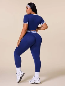 Rhythm Era Women's Plus Size Striped Short Sleeve Cropped T-Shirt And Leggings Sports Set - Navy Blue - View 2