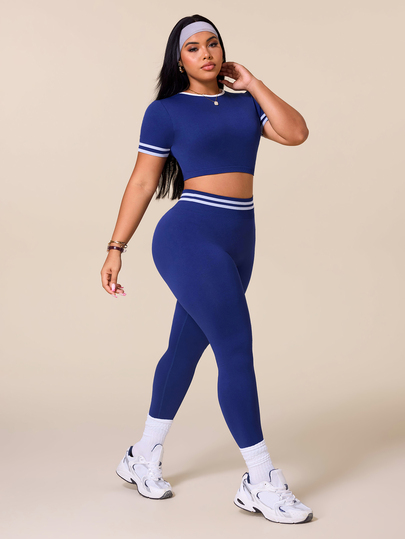 Rhythm Era Women's Plus Size Striped Short Sleeve Cropped T-Shirt And Leggings Sports Set