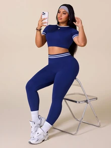 Rhythm Era Women's Plus Size Striped Short Sleeve Cropped T-Shirt And Leggings Sports Set - Navy Blue - View 5