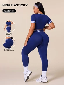 Rhythm Era Women's Plus Size Striped Short Sleeve Cropped T-Shirt And Leggings Sports Set - Navy Blue - View 1