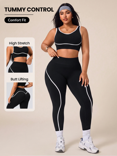 SHEIN Rhythm Era 2pcs Plus Size Women's Sports Set, U-Neck Backless Sports Bra And Leggings 2 Pieces Set, Seamless Tight Black Yoga Fitness Tank Top And Leggings