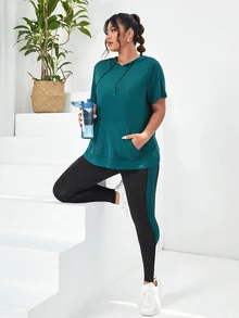 SHEIN Rhythm Era Plus Size Drawstring Hooded Sports Set Workout Women Set - Multicolor - View 8
