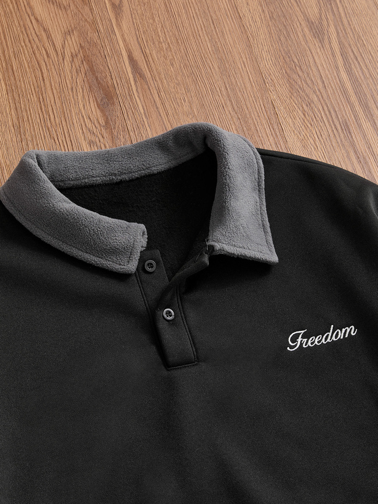 ESTAVOR Men's Spring/Autumn Casual Standard Size Black Pullover Sweatshirt With Turn-Down Collar And Embroidery - Black - View 4