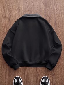 ESTAVOR 男士春秋休閒標準尺寸黑色翻領刺繡套頭運動衫 - 黑色 - 查看 3