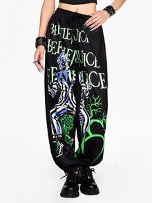 Beetlejuice X ROMWE Horror Movie Collaboration Print Women's Sweatpants - Black - View 4