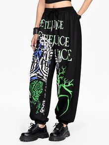 Beetlejuice X ROMWE Horror Movie Collaboration Print Women's Sweatpants - Black - View 5