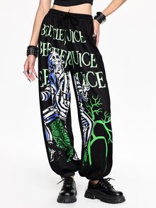 Beetlejuice X ROMWE Horror Movie Collaboration Print Women's Sweatpants - Black - View 8
