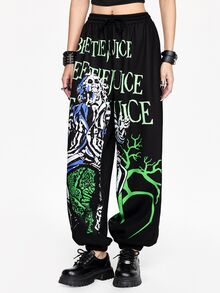 Beetlejuice X ROMWE Horror Movie Collaboration Print Women's Sweatpants - Black - View 6