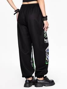 Beetlejuice X ROMWE Horror Movie Collaboration Print Women's Sweatpants - Black - View 2