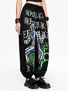 Beetlejuice X ROMWE Horror Movie Collaboration Print Women's Sweatpants - Black - View 7