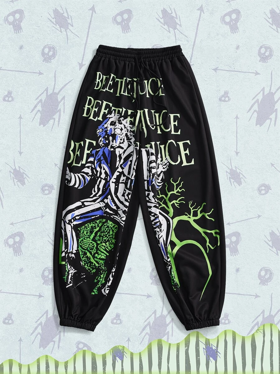Beetlejuice X ROMWE Horror Movie Collaboration Print Women's Sweatpants - Black - View 1