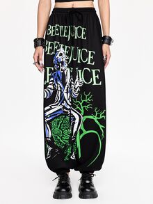 Beetlejuice X ROMWE Horror Movie Collaboration Print Women's Sweatpants - Black - View 3