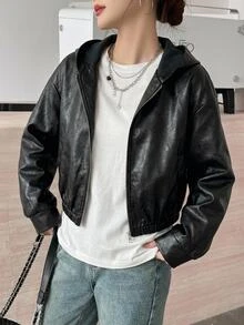 SHEIN 青少年女孩純色PU皮革拉鍊時尚百搭長袖夾克，萬聖節黑色冬季寬鬆工裝街頭風 - 黑色 - 查看 3