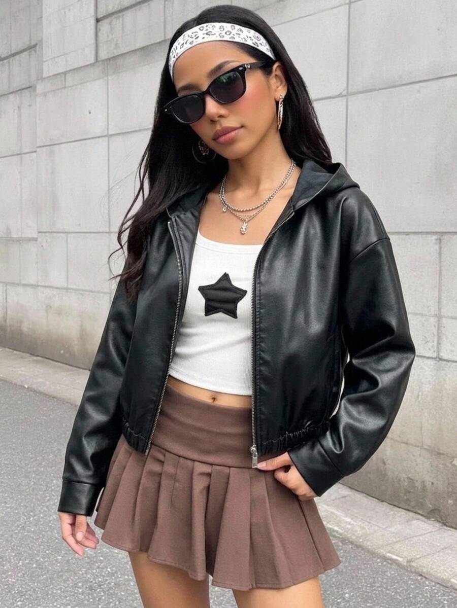 SHEIN 青少年女孩純色PU皮革拉鍊時尚百搭長袖冬季夾克 - 黑色 - 查看 1