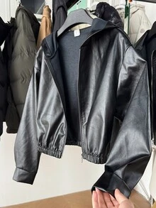 SHEIN 青少年女孩純色PU皮革拉鍊時尚百搭長袖夾克，萬聖節黑色冬季寬鬆工裝街頭風 - 黑色 - 查看 5