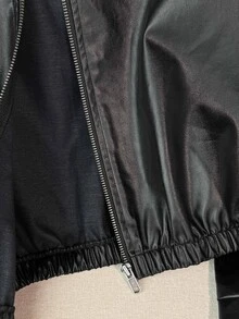 SHEIN 青少年女孩純色PU皮革拉鍊時尚百搭長袖夾克，萬聖節黑色冬季寬鬆工裝街頭風 - 黑色 - 查看 6