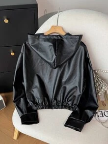 SHEIN 青少年女孩純色PU皮革拉鍊時尚百搭長袖夾克，萬聖節黑色冬季寬鬆工裝街頭風 - 黑色 - 查看 4