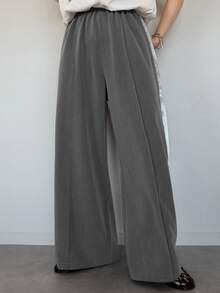 Dazy Plus Elastic Waist Colorblock Wide Stripe Fun Commuter Loose Casual Long Pants Fall - Grey - View 5