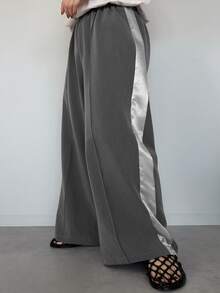 Dazy Plus Elastic Waist Colorblock Wide Stripe Fun Commuter Loose Casual Long Pants Fall - Grey - View 2