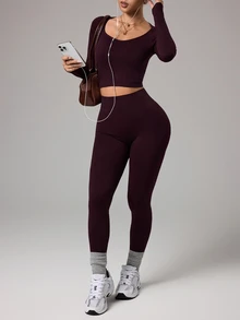 SHEIN Sports 女款無縫錐領長袖運動褲套裝，適合跑步、健身、瑜伽 - 咖啡棕 - 查看 9
