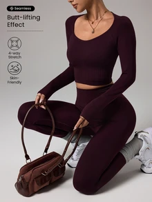 SHEIN Sports 女款無縫錐領長袖運動褲套裝，適合跑步、健身、瑜伽 - 咖啡棕 - 查看 2