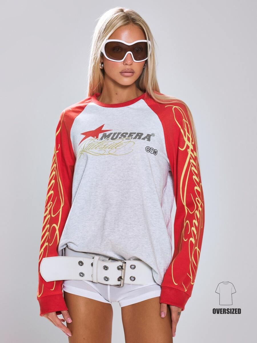MUSERA Graphic Printed Raglan Contrast Colour Oversized Crewneck Longsleeve Top Cute Back To School Daily Holiday Casual Varsity - Grey - View 1