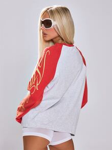 MUSERA Graphic Printed Raglan Contrast Colour Oversized Crewneck Longsleeve Top Cute Back To School Daily Holiday Casual Varsity - Grey - View 4